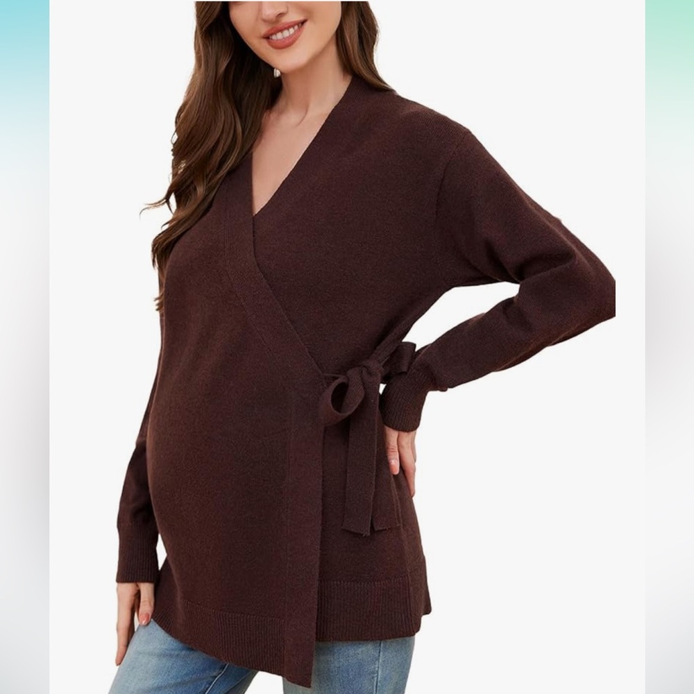 Wrap-Style V-Neck Sweater Tunic in Dark Brown